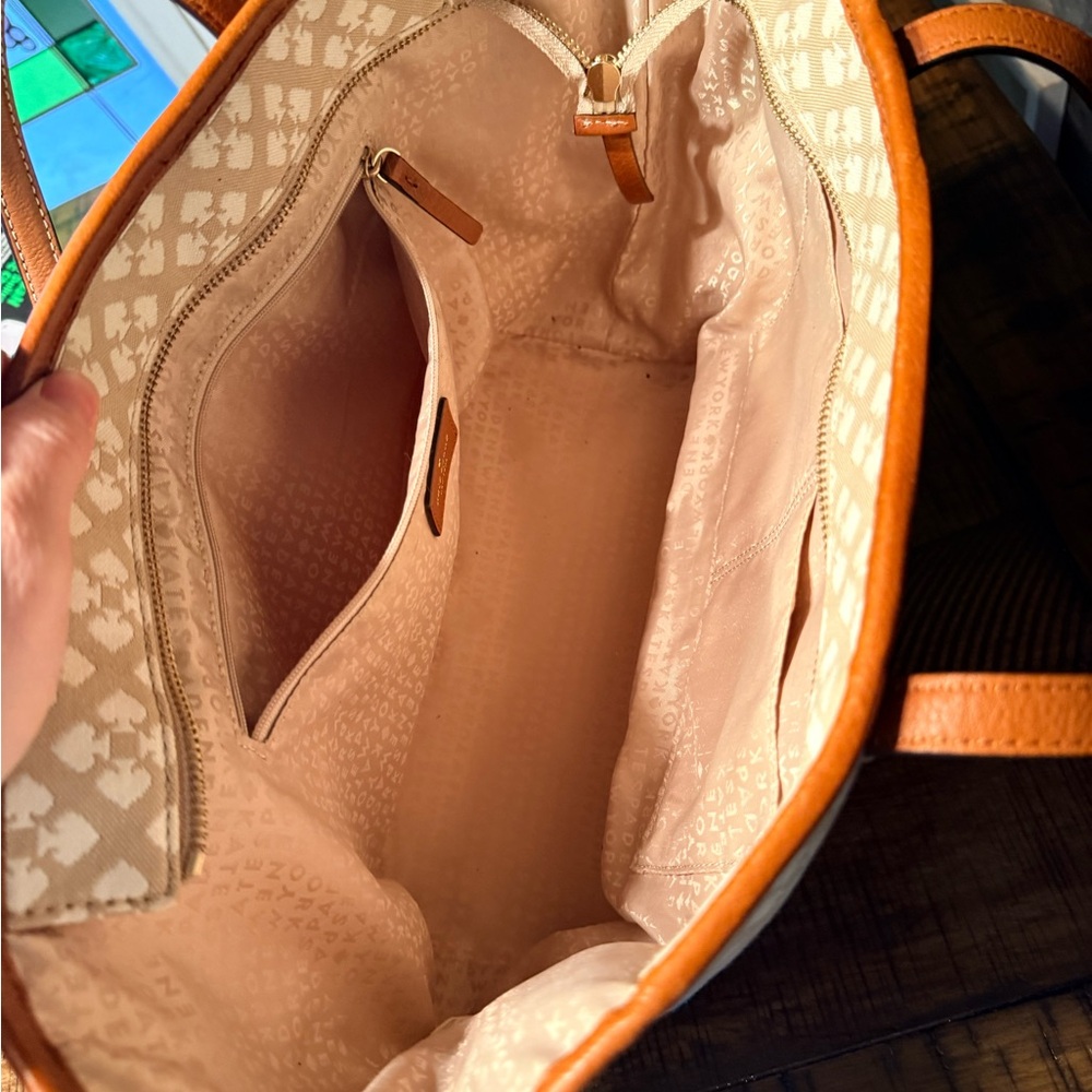 Kate Spade Beige Monogram Tote with Pink and Red Stripe - Picture 3 of 8